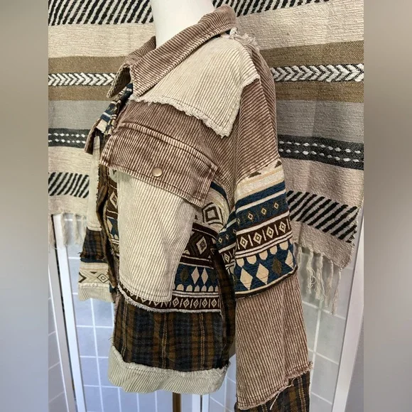 34. NWOT Oli & Hali Brown/Tan/Navy/Cream Patchwork Corduroy Oversized Jacket - Picture 3 of 3
